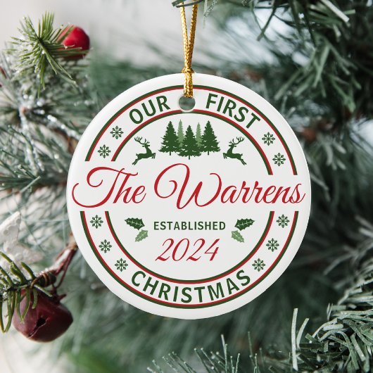 Retro onze eerste kerst bruiloften getrouwde naam keramisch ornament