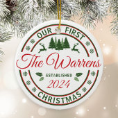 Retro onze eerste kerst bruiloften getrouwde naam keramisch ornament