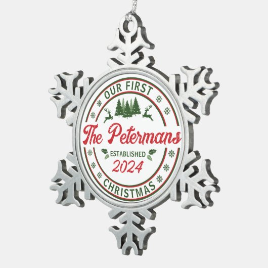 Retro onze eerste kerst getrouwde bruiloft naam tin sneeuwvlok ornament (Rechts)