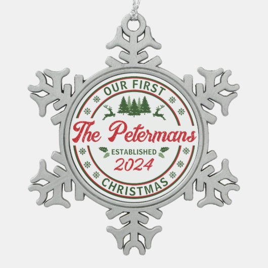 Retro onze eerste kerst getrouwde bruiloft naam tin sneeuwvlok ornament (Voorkant)