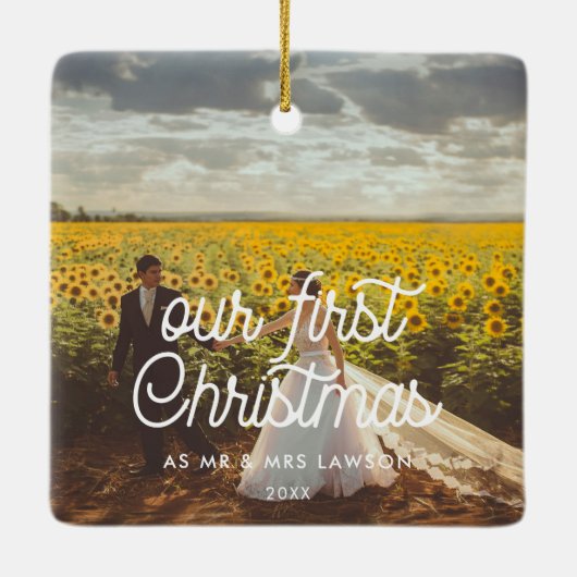 Retro onze eerste kerstfoto keramisch ornament (Achterkant)