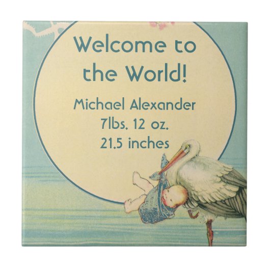 Retro Ooievaar Baby Jongensdeken, Welkom op de Wer Tegeltje (Voorkant)