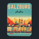 Retro Oostenrijk hoofdstad Salzburg skyline Magneet<br><div class="desc">"skyline van Salzburg" "Oostenrijkse Alpen" "Fort van Hohensalzburg" "kasteel van Salzburg" "Geluid van de muziek" "Mirabell Palace" "Alpine landschap" "Old Town Salzburg" "Salzburg reizen" "Festung Hohensalzburg"</div>