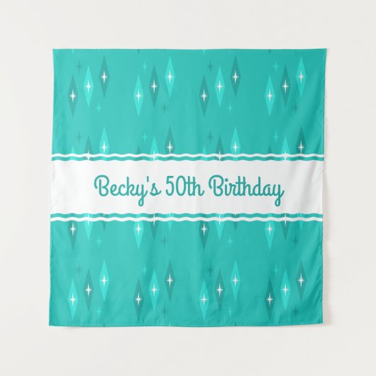 Retro op maat verjaardagsfeest Turquoise Wandkleed (Voorkant)