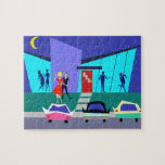 Retro Open House Party Puzzle Legpuzzel<br><div class="desc">Deze Retro Open House Party Puzzle zal je in de feeststemming brengen. Het ontwerp van de cartoon kenmerkt de buitenkant van een modern huis uit het midden van de eeuw. Door de vloer tot plafondturkooisglazen muren zien we de blauw-jaloezie van feestelijke feestbezoekers. Er is een paar dat voor een raam...</div>