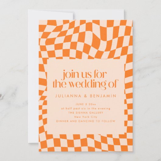 Retro Orange Abstract Check Wedding QR Code RSVP Kaart (Voorkant)