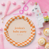 Retro Orange Abstract Checkerboard Baby Shower Papieren Bordje (Feest)