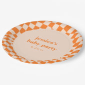 Retro Orange Abstract Checkerboard Baby Shower Papieren Bordje (Gekanteld)