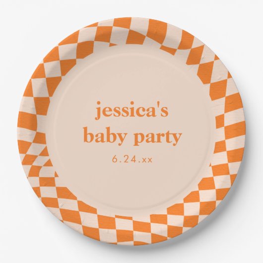 Retro Orange Abstract Checkerboard Baby Shower Papieren Bordje (Voorkant)