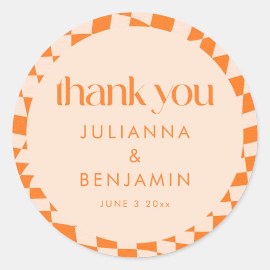 Retro Orange Check Custom Wedding Thank You Ronde Sticker (Voorkant)