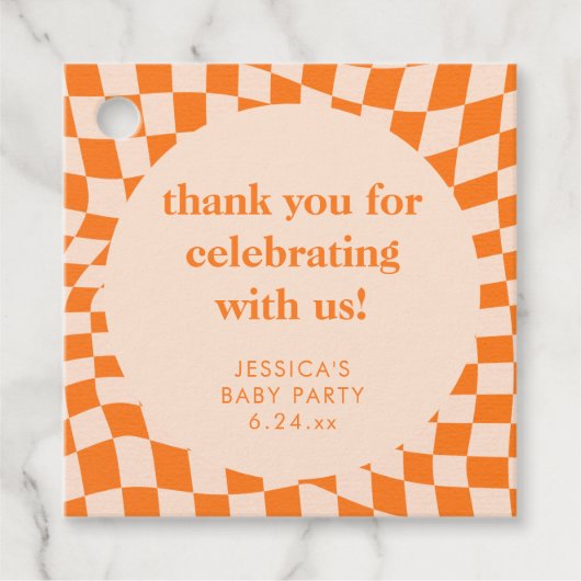 Retro Orange Checkerboard Baby Shower Thank You Bedankjes Labels (Voorkant)
