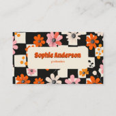 Retro Orange Floral Checkered Business Card Visitekaartje (Voorkant)
