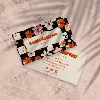 Retro Orange Floral Checkered Business Card Visitekaartje