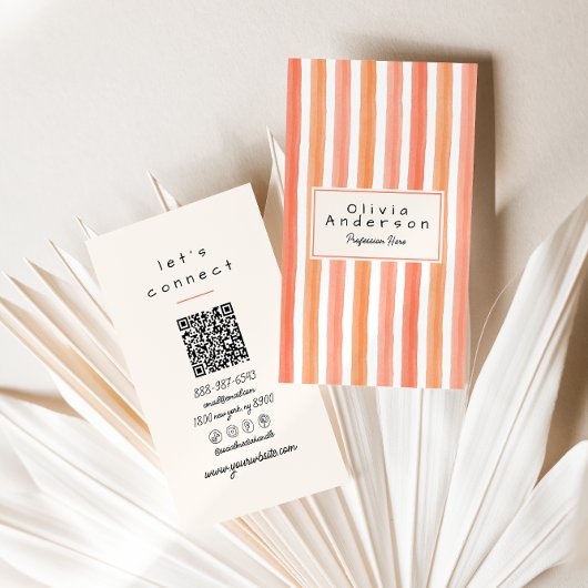 Retro Orange Pink Hand Drawn Stripes Girly QR Code Visitekaartje