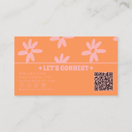 Retro Orange Pink QR Code 70s Groovy Floral Girly Visitekaartje (Achterkant)