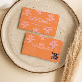 Retro Orange Pink QR Code 70s Groovy Floral Girly Visitekaartje