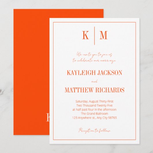 Retro Orange Red Monogram Elegant Wedding  Kaart (Voorkant / Achterkant)