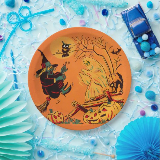 Retro Orange Witch Halloween  Papieren Bordje (Feest)