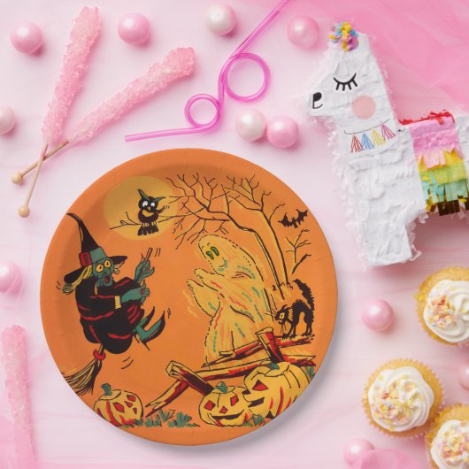 Retro Orange Witch Halloween  Papieren Bordje (Feest)