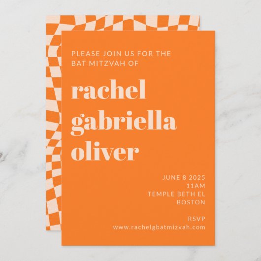 Retro Oranje Abstract Checkerboard Bat Mitzvah Kaart (Voorkant / Achterkant)