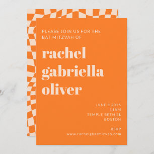 Retro Oranje Abstract Checkerboard Bat Mitzvah Kaart