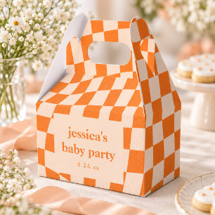 Retro Oranje Abstract Schaakbord Baby Shower Bedankdoosjes