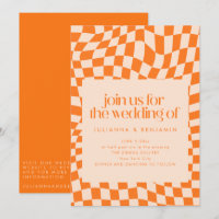 Retro Oranje Abstracte Schaak Wedding QR Code RSVP