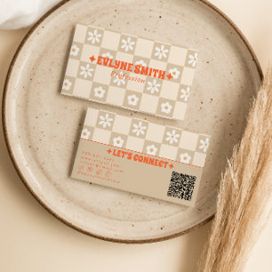 Retro Oranje Beige QR Code Geruite Groovy Bloemig Visitekaartje