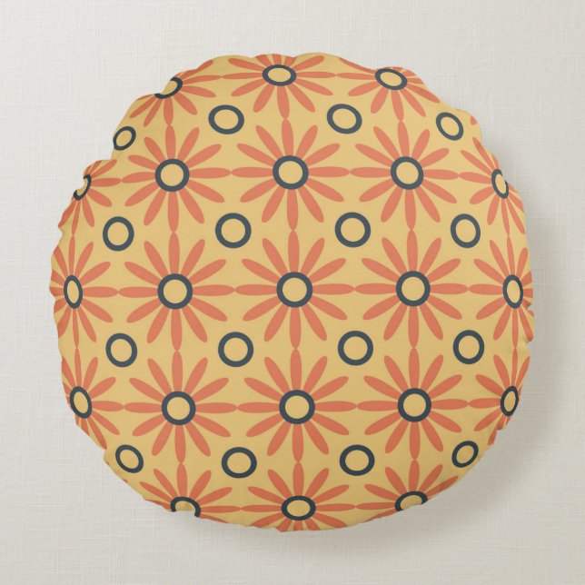 Retro Oranje & Black Cute Abstract Floral Pattern Rond Kussen (Voorkant)