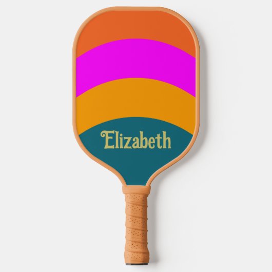 Retro Oranje Blauw en Magenta met Naam Pickleball Paddle (Voorkant)