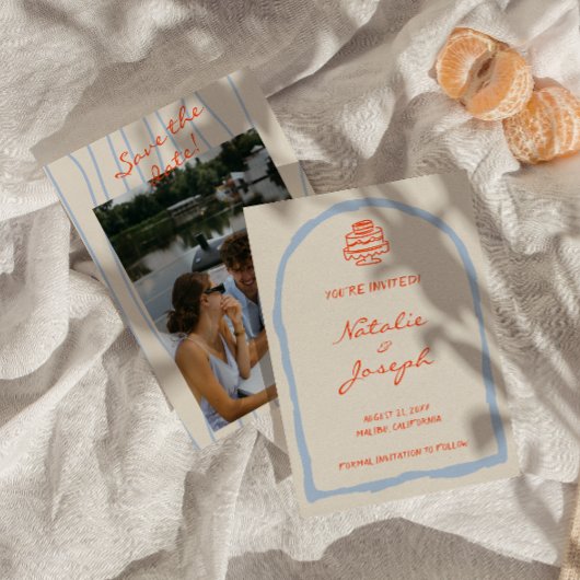 Retro Oranje Blauw Met de Hand Getekende Trendy Br Save The Date