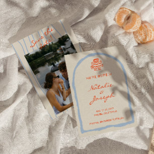 Retro Oranje Blauw Met de Hand Getekende Trendy Tr Save The Date