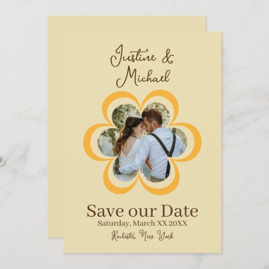 Retro Oranje Bloem Foto Huwelijk Datum Besparen Kaart (Voorkant / Achterkant)