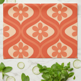 Retro Oranje Bloemenpatroon op Vintage Ogee Theedoek