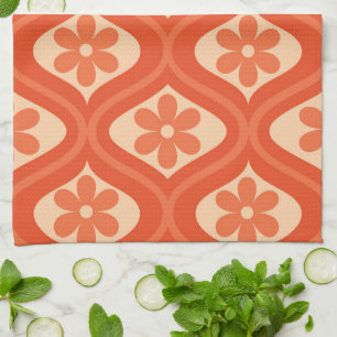 Retro Oranje Bloemenpatroon op Vintage Ogee Theedoek