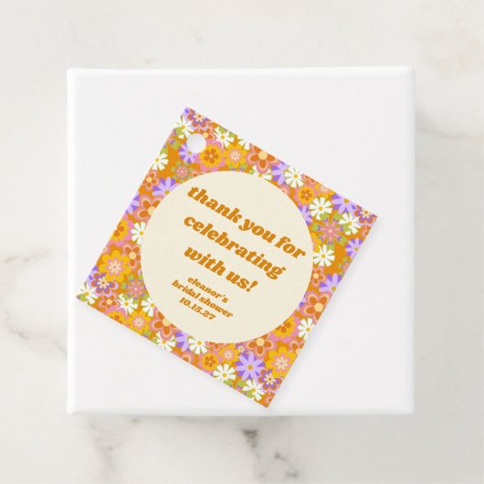 Retro Oranje Bloemige Aangepaste Bruidsdouche Beda Bedankjes Labels (In situ)