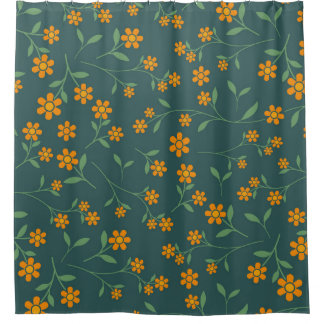 Retro Oranje Bloemmotief Donker Teal Patroon Douchegordijn