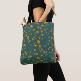 Retro Oranje Bloemmotief Donker Teal Patroon Tote Bag