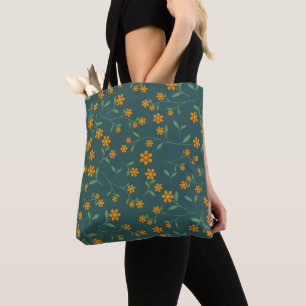 Retro Oranje Bloemmotief Donker Teal Patroon Tote Bag