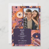 Retro oranje blos roze paars groovy bruiloft save the date (Voorkant)