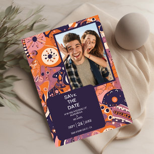 Retro oranje blos roze paars groovy bruiloft save the date
