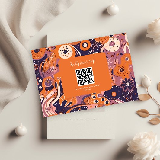Retro oranje blos roze paarse groovy bruiloft RSVP kaartje