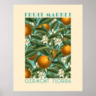 Retro Oranje Blossom Market Blue Poster