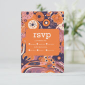 Retro oranje blush roze paarse groovy bruiloft RSVP kaartje (Staand voorkant)