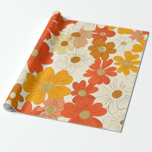 Retro Oranje Botanische Bloemen Bold 70s Vintage B Cadeaupapier
