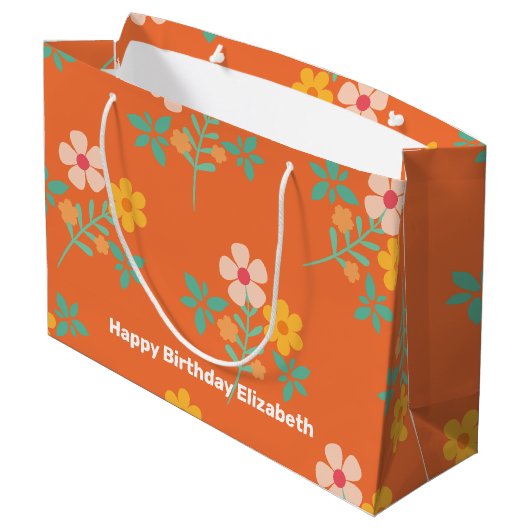 Retro Oranje Daisy Bouquet Pattern Gepersonaliseer Groot Cadeauzakje (Achterkant Gekanteld)