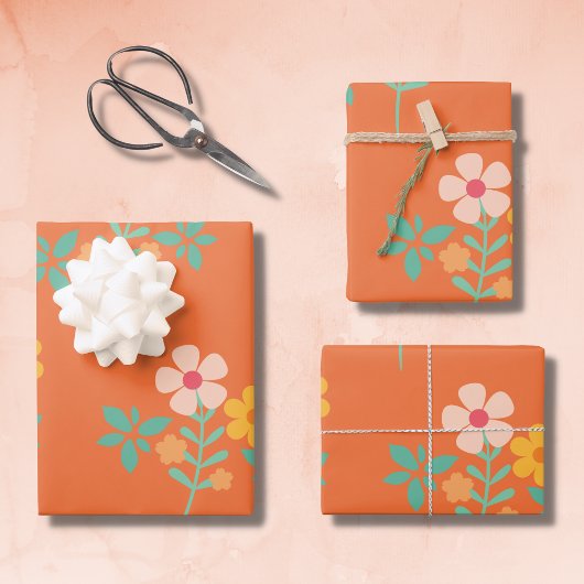 Retro Oranje Daisy Bouquet Pattern Inpakpapier Vel