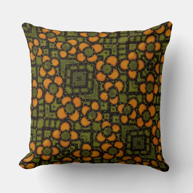 Retro Oranje en Green Floral Pattern Kussen (Voorkant)