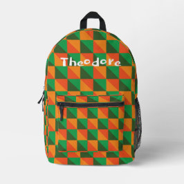 Retro Oranje en Groen Geometrisch Abstracte Naam Bedrukte Rugzak