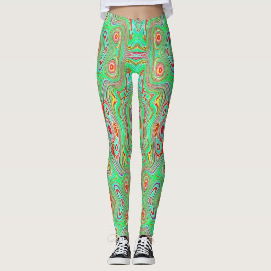 Retro Oranje en Lime Green Abstract Patroon Leggings (Voorkant)